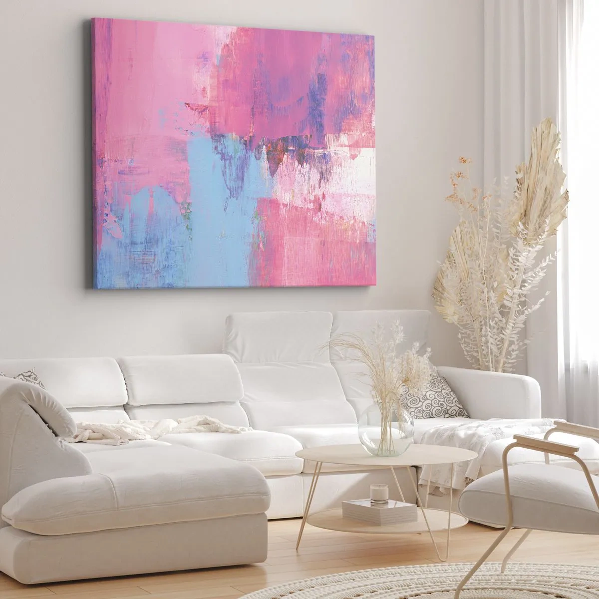 Cuadro sobre lienzo - Impresión de Imagen - Composición abstracta en rosa y azul. - 70x50cm - Rosa, azul y una pizca de luz - Decoración de pared moderna para salón y dormitorio ARTTOR