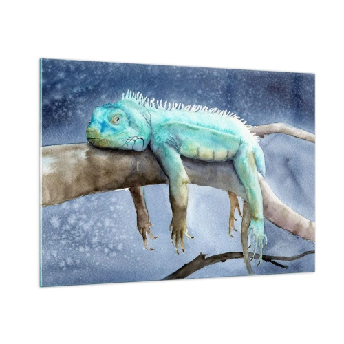 Cuadro sobre vidrio - Impresiones sobre Vidrio - Iguana azul recostada sobre una rama en estilo acuarela - 100x70cm - Me siento bien, ¿y tú? - Decoración de pared moderna para salón y dormitorio ARTTOR