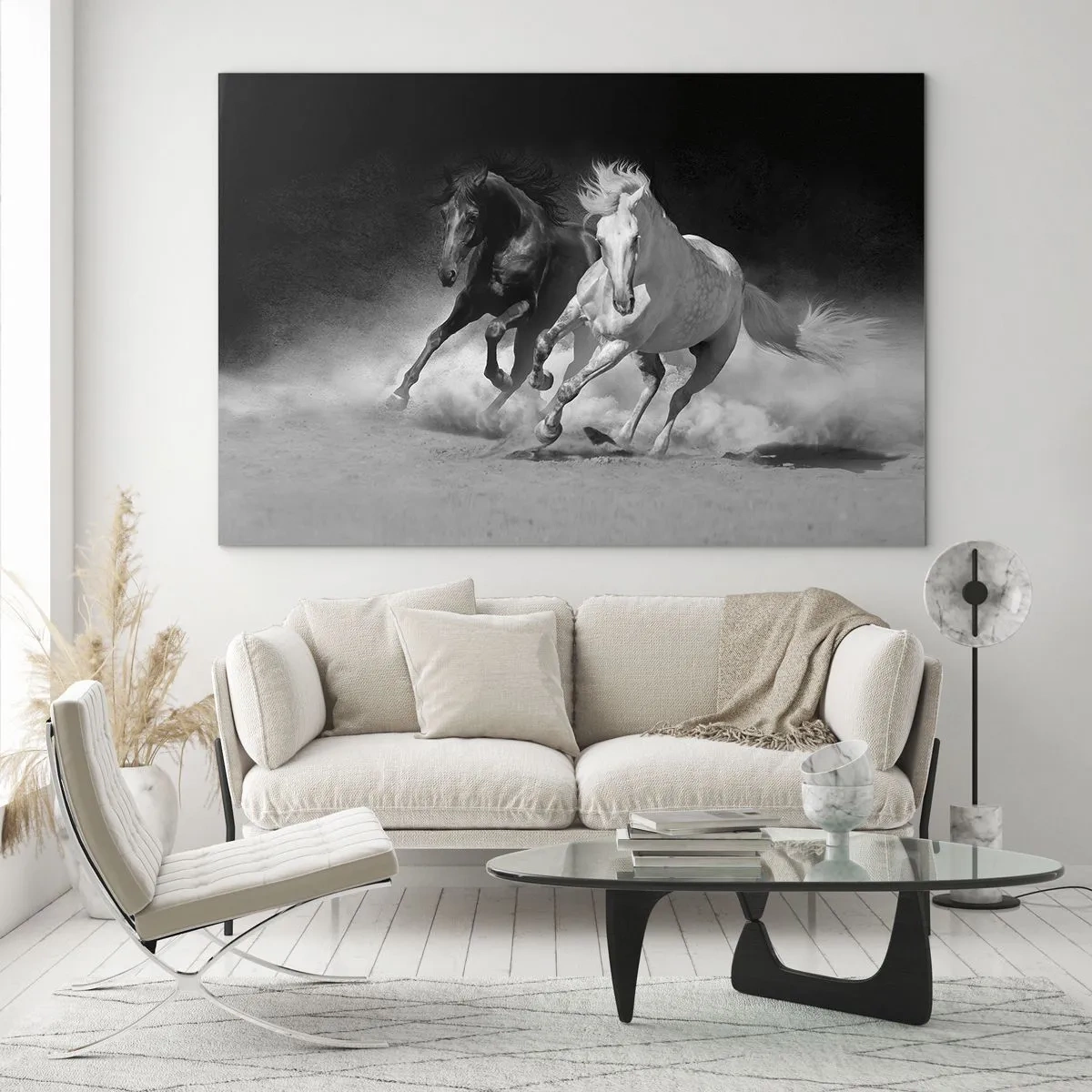 Cuadro sobre vidrio - Impresiones sobre Vidrio - Caballos corriendo en blanco y negro - 120x80cm - El galope de la libertad - Decoración de pared moderna para salón y dormitorio ARTTOR
