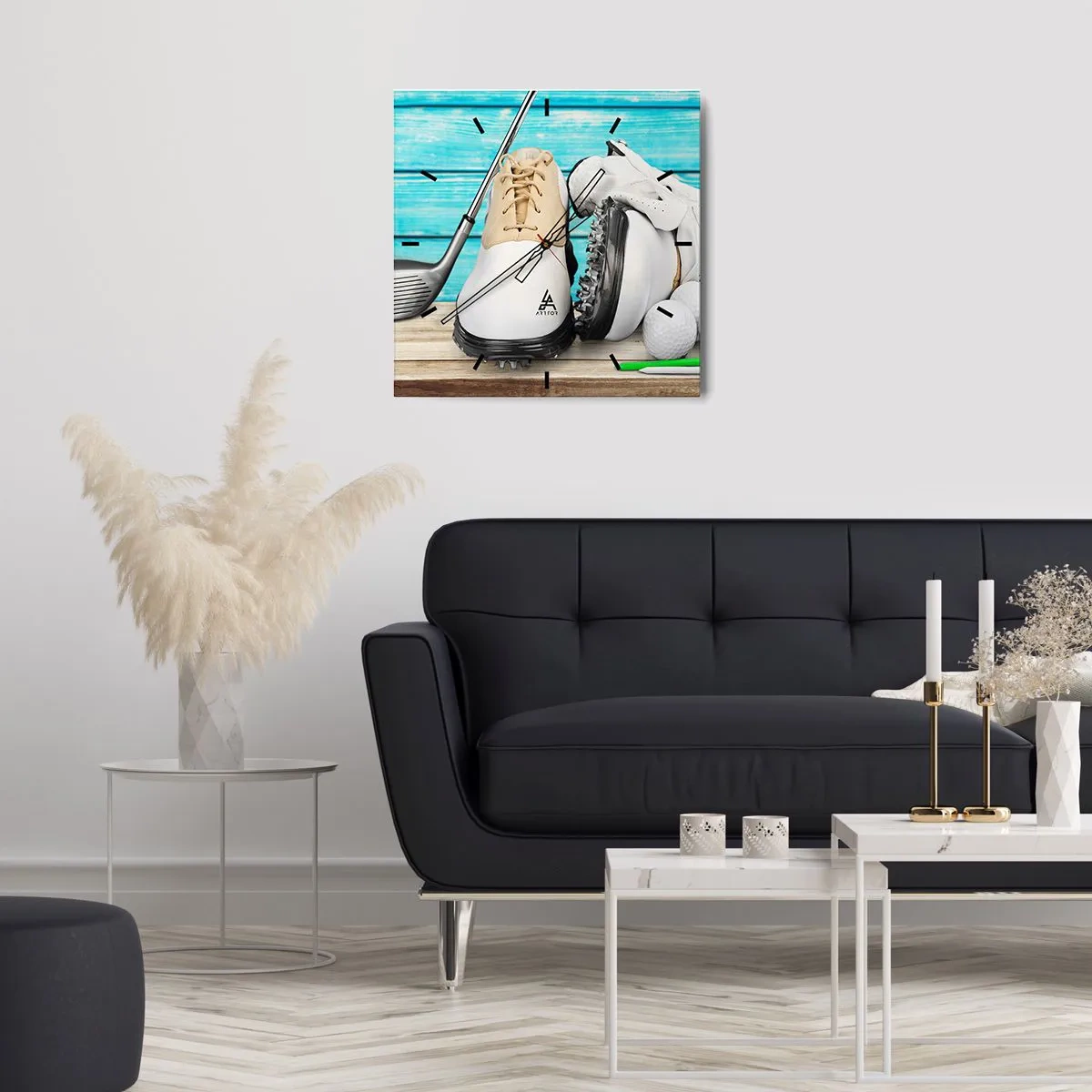 Reloj de pared - Reloj de vidrio - Un conjunto de accesorios de golf sobre un fondo de madera. - 30x30cm - Todo listo - Decoración de pared moderna para salón y dormitorio ARTTOR