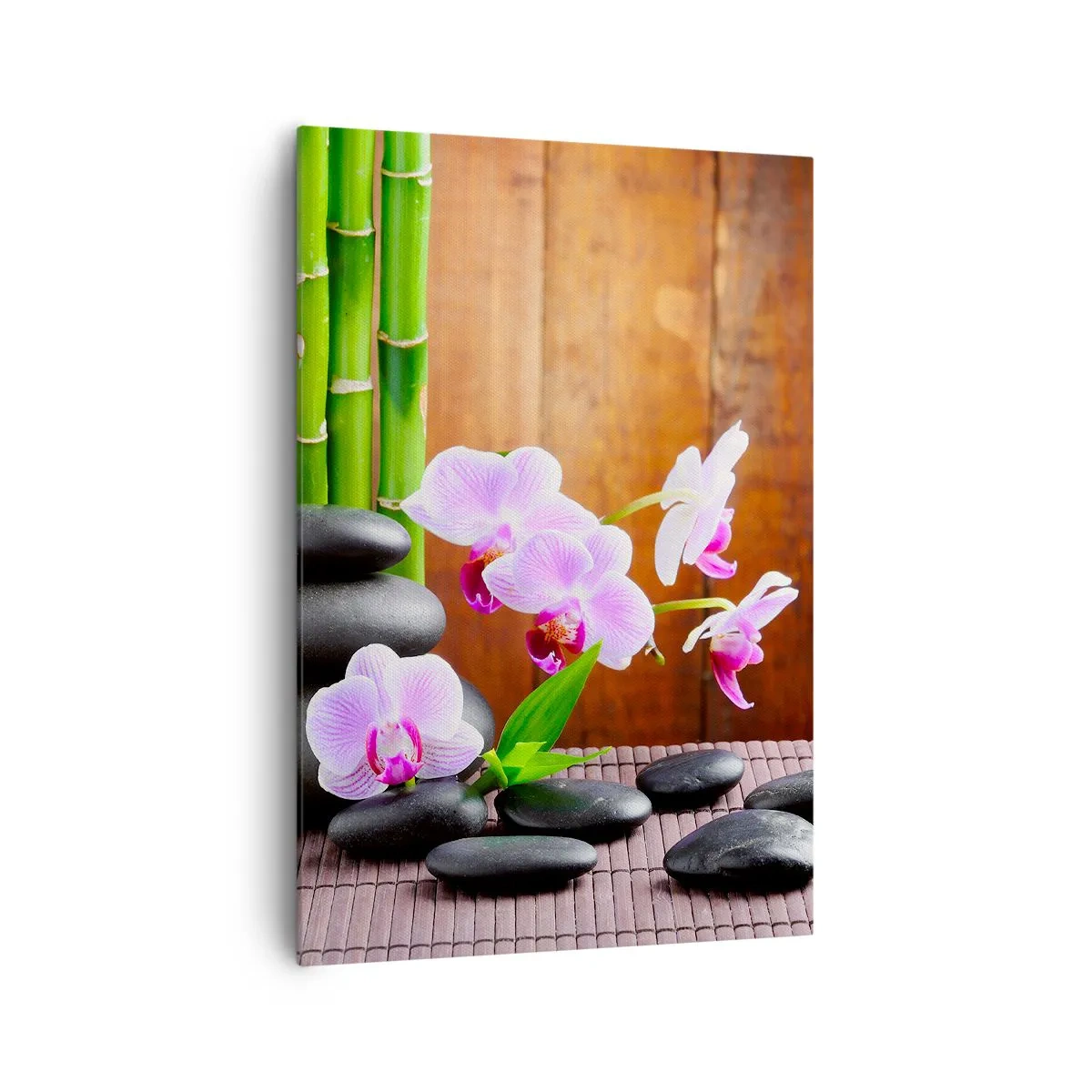Cuadro sobre lienzo - Impresión de Imagen - Bambú de estilo zen, piedras y orquídeas rosas sobre un fondo de madera. - 70x100cm - Experimente los placeres de Oriente - Decoración de pared moderna para salón y dormitorio ARTTOR
