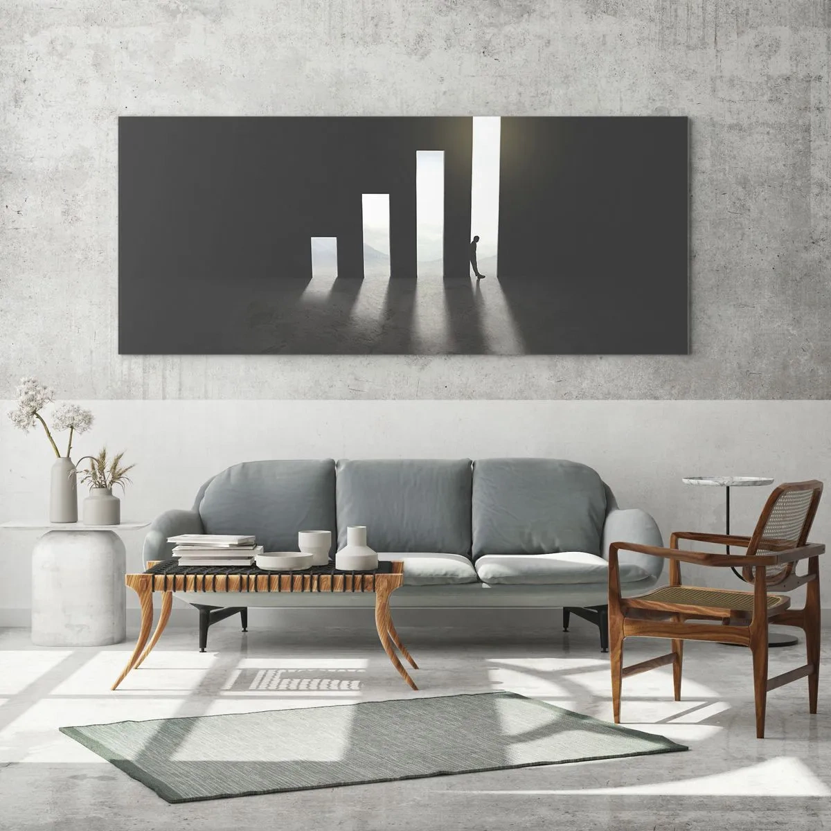 Cuadro sobre vidrio - Impresiones sobre Vidrio - Crecimiento simbólico en forma de pasajes iluminados por la luz. - 120x50cm - El camino del éxito - Decoración de pared moderna para salón y dormitorio ARTTOR