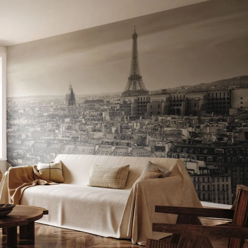 Fotomural Standard Eco - Panorama de la ciudad con una torre en tonos sepia - 100x70cm - Sobre los tejados de París - Decoración de pared moderna para salón y dormitorio ARTTOR