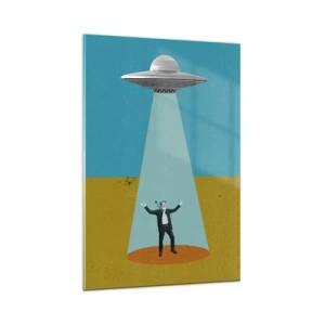 Cuadro sobre vidrio - Impresiones sobre Vidrio - Un hombre a la luz de un OVNI sobre el fondo de un paisaje colorido. - 80x120cm - Un encuentro cercano - Decoración de pared moderna para salón y dormitorio ARTTOR
