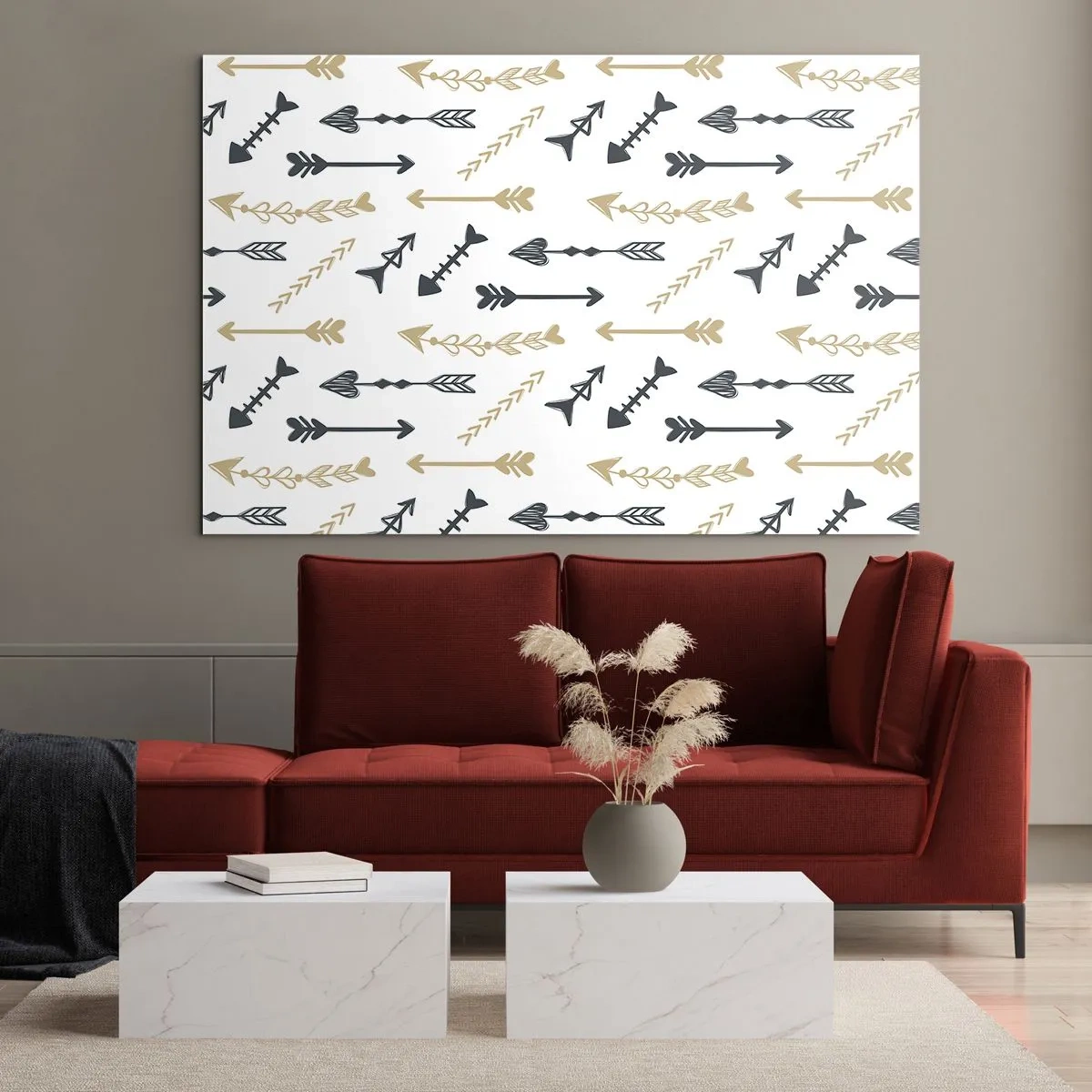 Cuadro sobre vidrio - Impresiones sobre Vidrio - Un patrón de flechas en diferentes colores sobre un fondo blanco. - 100x70cm - El sueño de un arquero - Decoración de pared moderna para salón y dormitorio ARTTOR