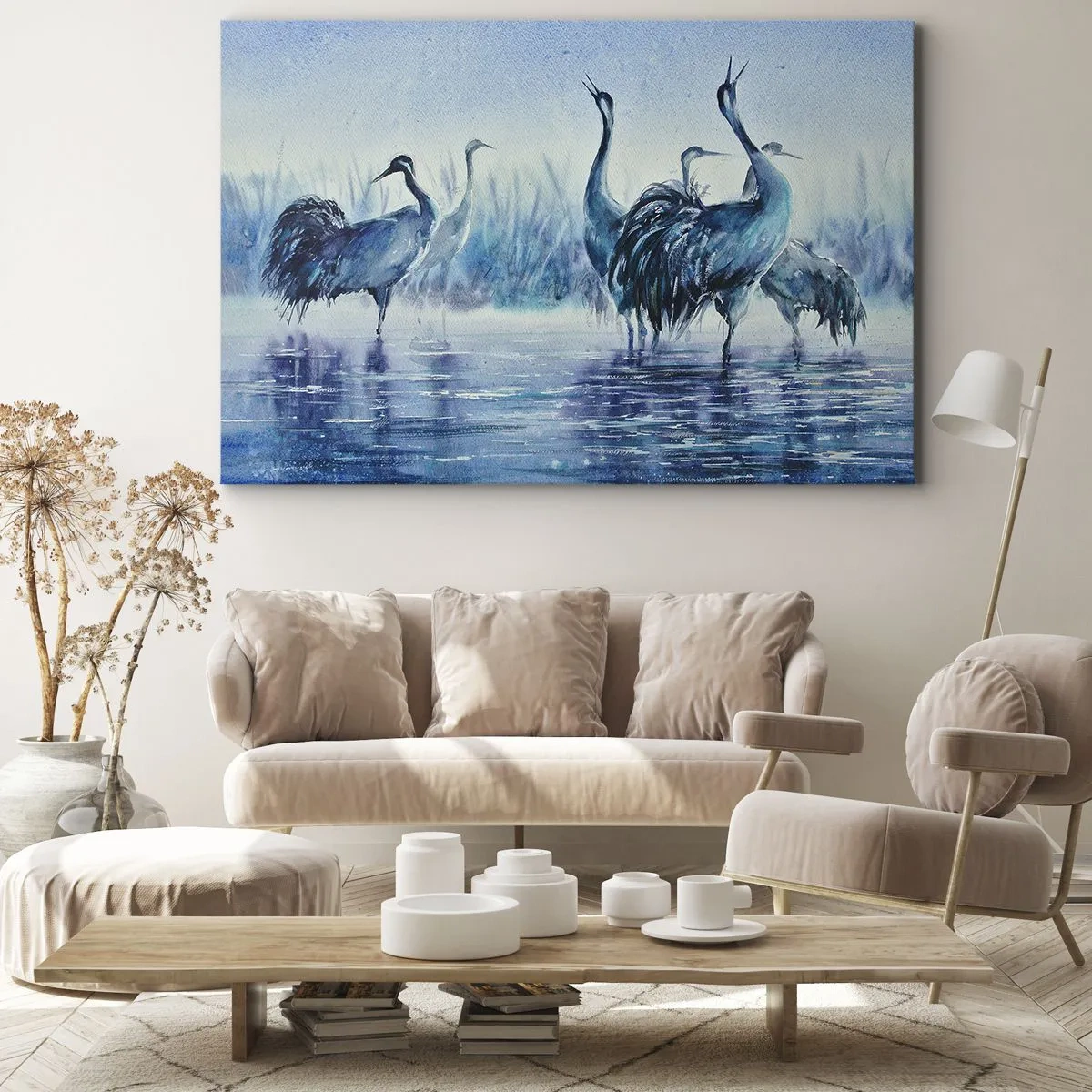 Cuadro sobre lienzo - Impresión de Imagen - Grúas sobre un fondo de niebla y agua en tonos azules. - 70x50cm - Reunión matinal - Decoración de pared moderna para salón y dormitorio ARTTOR