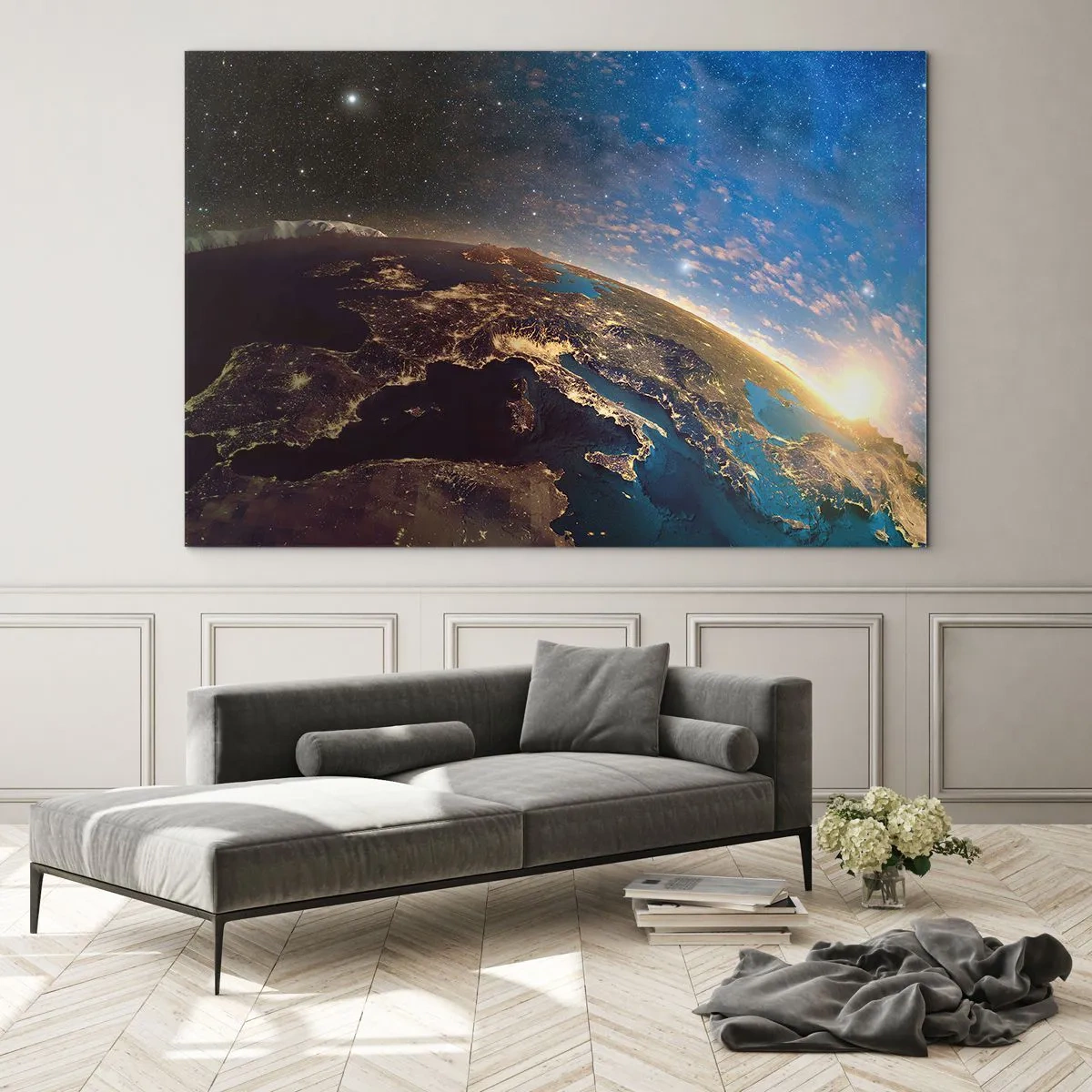 Cuadro sobre vidrio - Impresiones sobre Vidrio - Una vista de la Tierra desde el espacio con el amanecer visible. - 70x50cm - Mirémonos a nosotros mismos desde la distancia - Decoración de pared moderna para salón y dormitorio ARTTOR