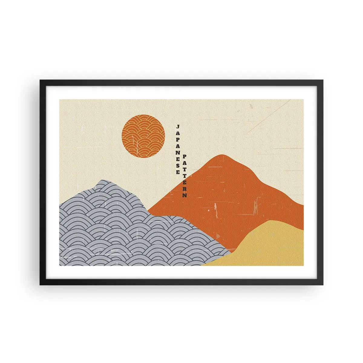 Póster en marco negro - Patrones japoneses con montañas, sol y estilo minimalista. - 70x50cm - En el espíritu japonés - Decoración de pared moderna para salón y dormitorio ARTTOR