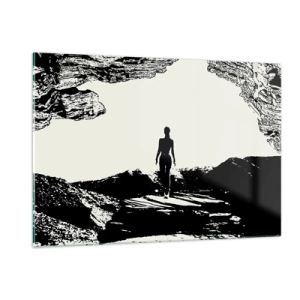 Cuadro sobre vidrio - Impresiones sobre Vidrio - Silueta de una mujer emergiendo de una cueva en gráficos en blanco y negro - 120x80cm - Una nueva mirada - Decoración de pared moderna para salón y dormitorio ARTTOR