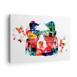 Cuadro sobre lienzo - Impresión de Imagen - Oso colorido con gafas con mariposas y notas musicales. - 70x50cm - ¡Me encanta! - Decoración de pared moderna para salón y dormitorio ARTTOR
