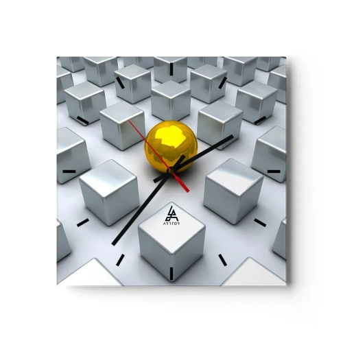 Reloj de pared - Reloj de vidrio - Una esfera dorada que destaca entre los cubos plateados. - 30x30cm - ¿Por qué yo? Composición geométrica - Decoración de pared moderna para salón y dormitorio ARTTOR