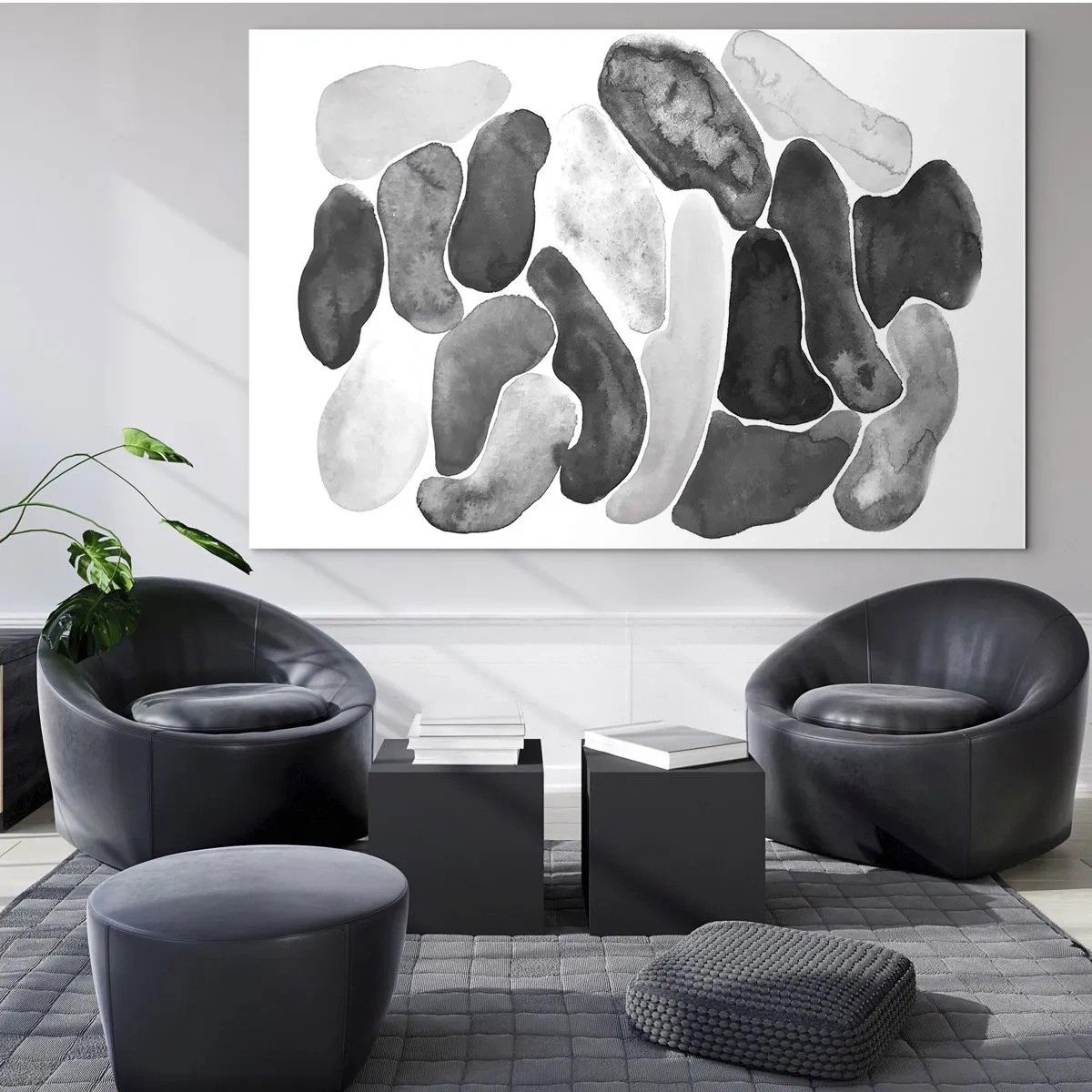 Cuadro sobre vidrio - Impresiones sobre Vidrio - Una composición en blanco y negro de formas abstractas que se asemejan a piedras. - 70x50cm - Abstracción pétrea - Decoración de pared moderna para salón y dormitorio ARTTOR