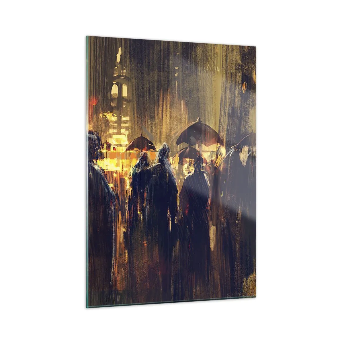 Cuadro sobre vidrio - Impresiones sobre Vidrio - Una multitud con paraguas bajo la lluvia con el telón de fondo de las luces de la ciudad. - 50x70cm - Seguidores de la lluvia - Decoración de pared moderna para salón y dormitorio ARTTOR