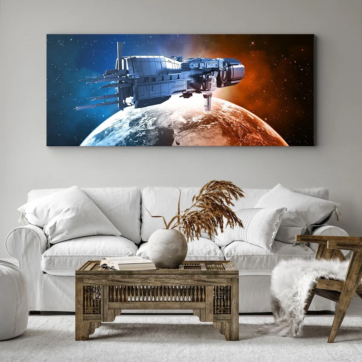 Cuadro sobre lienzo - Impresión de Imagen - Una nave espacial con un planeta en el espacio como telón de fondo. - 120x50cm - Un observador atento - Decoración de pared moderna para salón y dormitorio ARTTOR