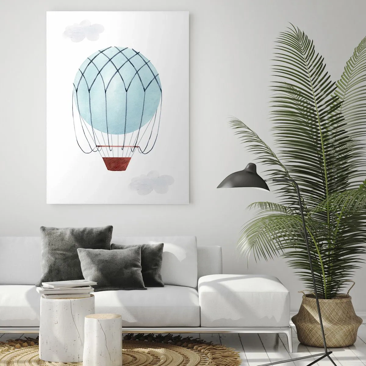 Cuadro sobre vidrio - Impresiones sobre Vidrio - Un globo pintado a mano sobre un fondo de delicadas nubes. - 80x120cm - Acariciando las nubes - Decoración de pared moderna para salón y dormitorio ARTTOR