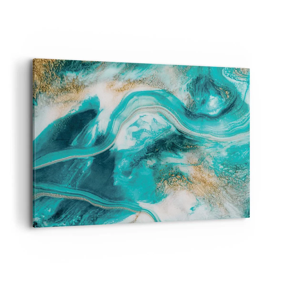 Cuadro sobre lienzo - Impresión de Imagen - Abstracción turquesa con acentos blancos y dorados. - 120x80cm - Río de oro - Decoración de pared moderna para salón y dormitorio ARTTOR