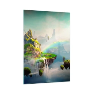 Cuadro sobre vidrio - Impresiones sobre Vidrio - Islas voladoras en las nubes con arcoíris y cascadas. - 50x70cm - El medio de la nada - islas flotantes - Decoración de pared moderna para salón y dormitorio ARTTOR