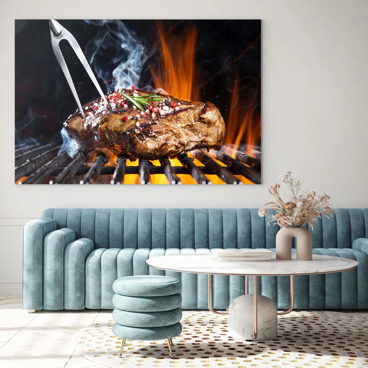 Cuadro sobre vidrio - Impresiones sobre Vidrio - Filete a la parrilla con especias a la parrilla - 120x80cm - Jugoso y fragante - Decoración de pared moderna para salón y dormitorio ARTTOR