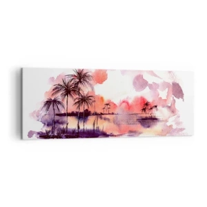 Cuadro sobre lienzo - Impresión de Imagen - Paisaje tropical con palmeras al atardecer en acuarela. - 140x50cm - La calma de los trópicos en rojo - Decoración de pared moderna para salón y dormitorio ARTTOR