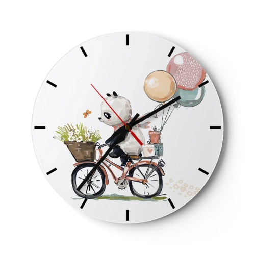 Reloj de pared - Reloj de vidrio - Panda en bicicleta con globos y una canasta llena de flores. - 30x30cm - Un día feliz - Decoración de pared moderna para salón, cocina y dormitorio ARTTOR
