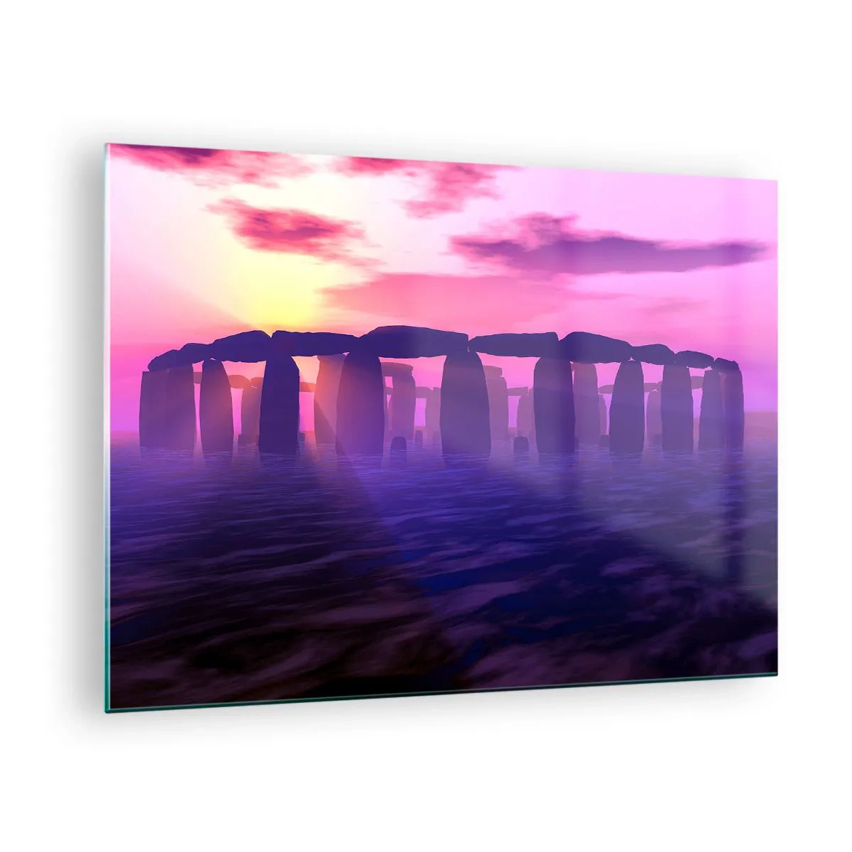 Cuadro sobre vidrio - Impresiones sobre Vidrio - Stonehenge a la luz de un atardecer rosado - 70x50cm - Misterio al amanecer en la niebla - Decoración de pared moderna para salón y dormitorio ARTTOR