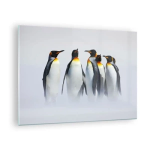 Cuadro sobre vidrio - Impresiones sobre Vidrio - Un grupo de pingüinos en un paisaje invernal. - 70x50cm - Reunión en traje de noche - Decoración de pared moderna para salón y dormitorio ARTTOR