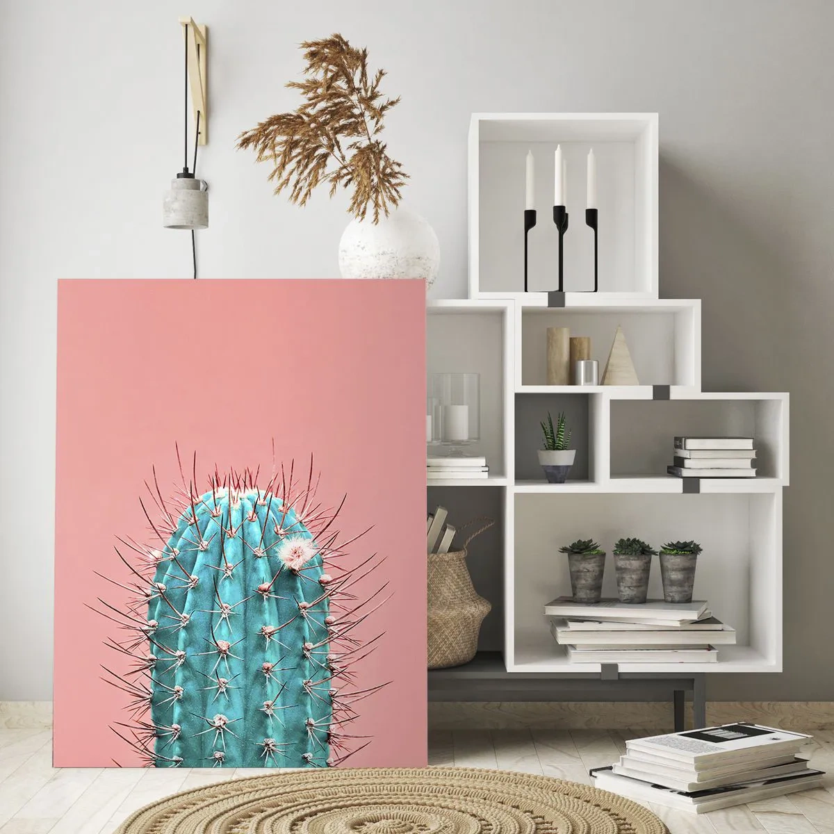 Cuadro sobre vidrio - Impresiones sobre Vidrio - Una versión artística de un cactus sobre un fondo rosa. - 70x100cm - Se mira, pero no se toca - Decoración de pared moderna para salón y dormitorio ARTTOR
