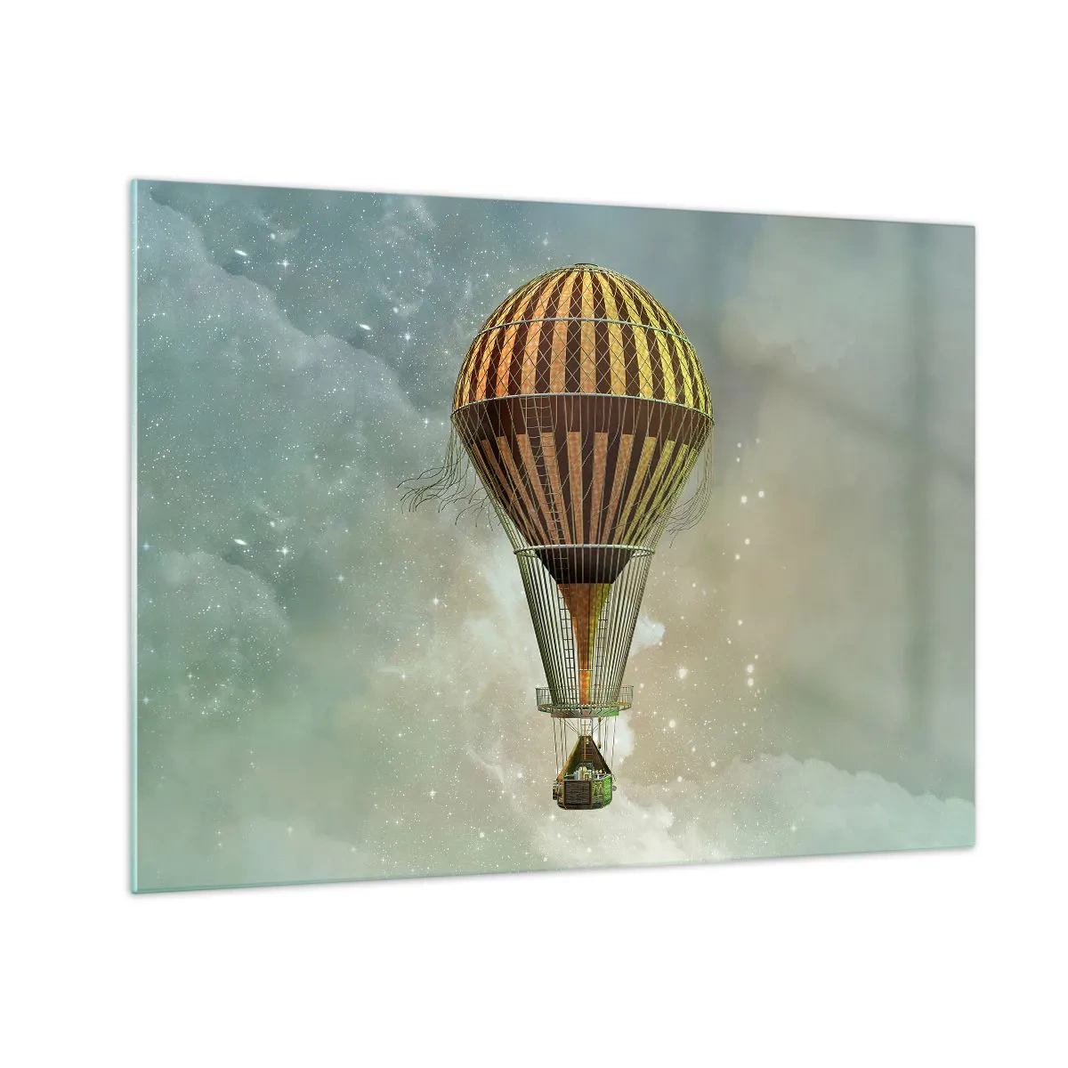 Cuadro sobre vidrio - Impresiones sobre Vidrio - Un globo estilizado sobre el fondo de un cielo estrellado y nubes. - 70x50cm - Vuelos pioneros - Decoración de pared moderna para salón y dormitorio ARTTOR