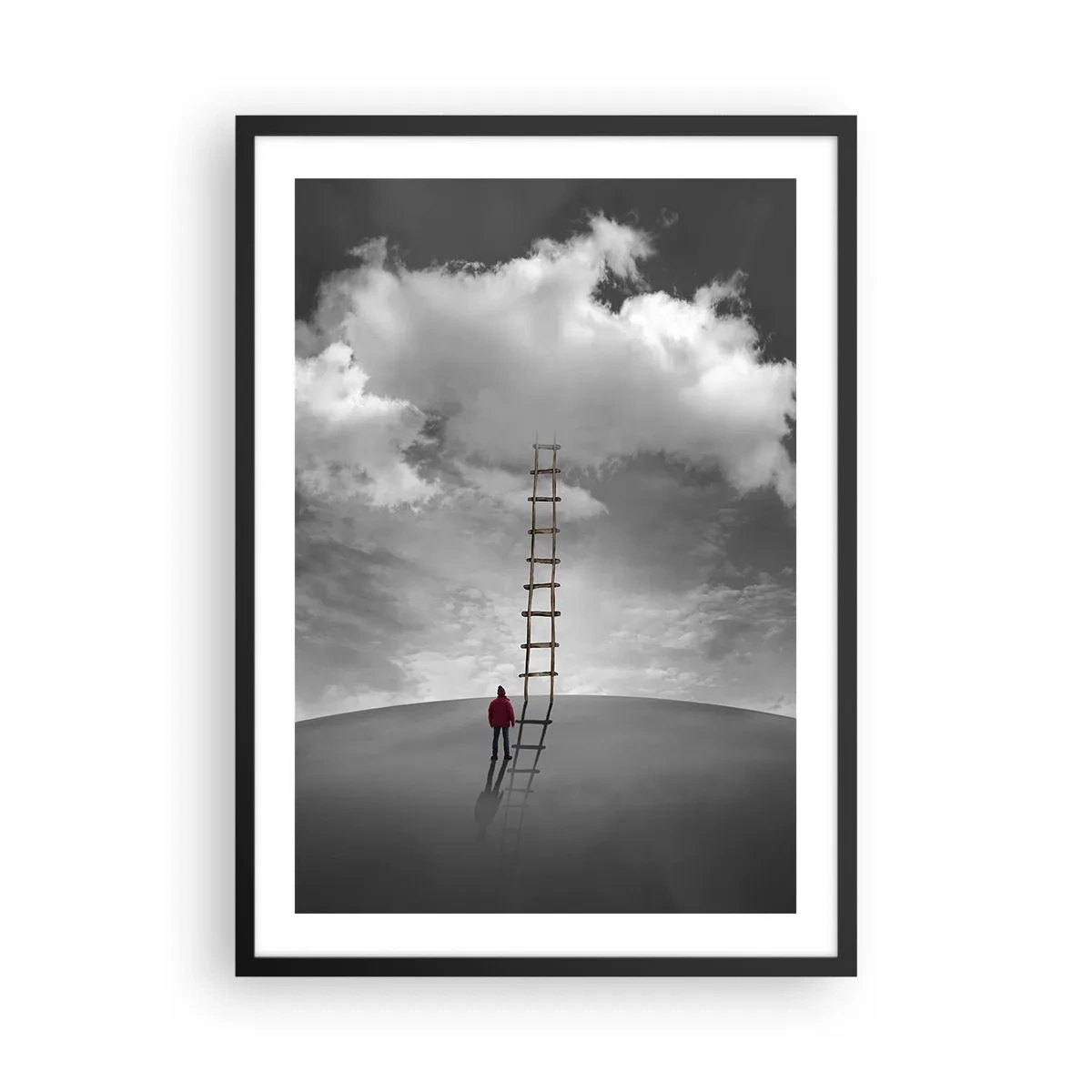 Póster en marco negro - Un hombre de pie junto a una escalera que conduce a las nubes. - 50x70cm - Todo es posible - Decoración de pared moderna para salón y dormitorio ARTTOR