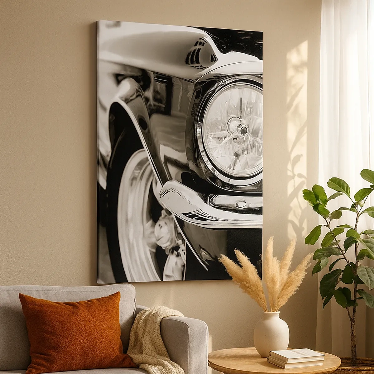 Cuadro sobre lienzo - Impresión de Imagen - Un coche clásico icónico en elegante blanco y negro. - 50x70cm - Brillo perdurable - Decoración de pared moderna para salón y dormitorio ARTTOR