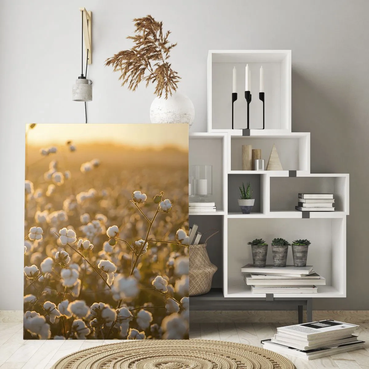 Cuadro sobre vidrio - Impresiones sobre Vidrio - Campo de algodón al atardecer - 50x70cm - Un campo esponjoso - Decoración de pared moderna para salón y dormitorio ARTTOR