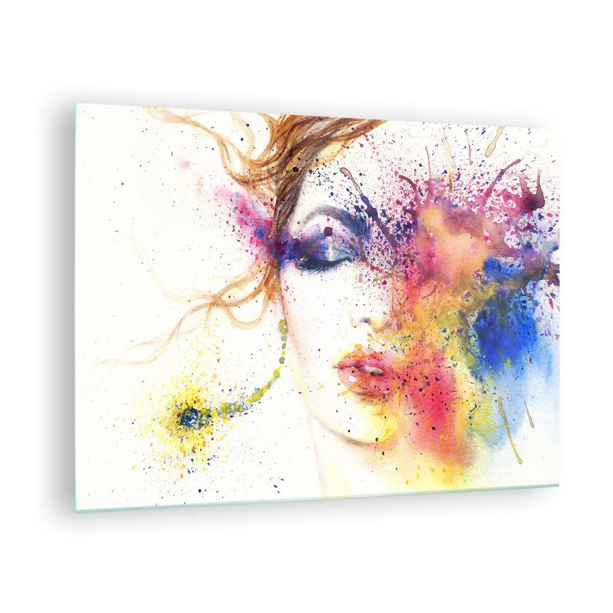 Cuadro sobre vidrio - Impresiones sobre Vidrio - Retrato abstracto de una mujer con salpicaduras de pintura de arcoíris - 70x50cm - Vértigo del arco iris - Decoración de pared moderna para salón y dormitorio ARTTOR