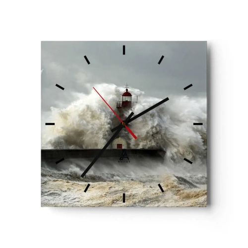 Reloj de pared - Reloj de vidrio - Un faro rodeado de fuertes olas durante una tormenta. - 30x30cm - La furia del océano - Decoración de pared moderna para salón y dormitorio ARTTOR