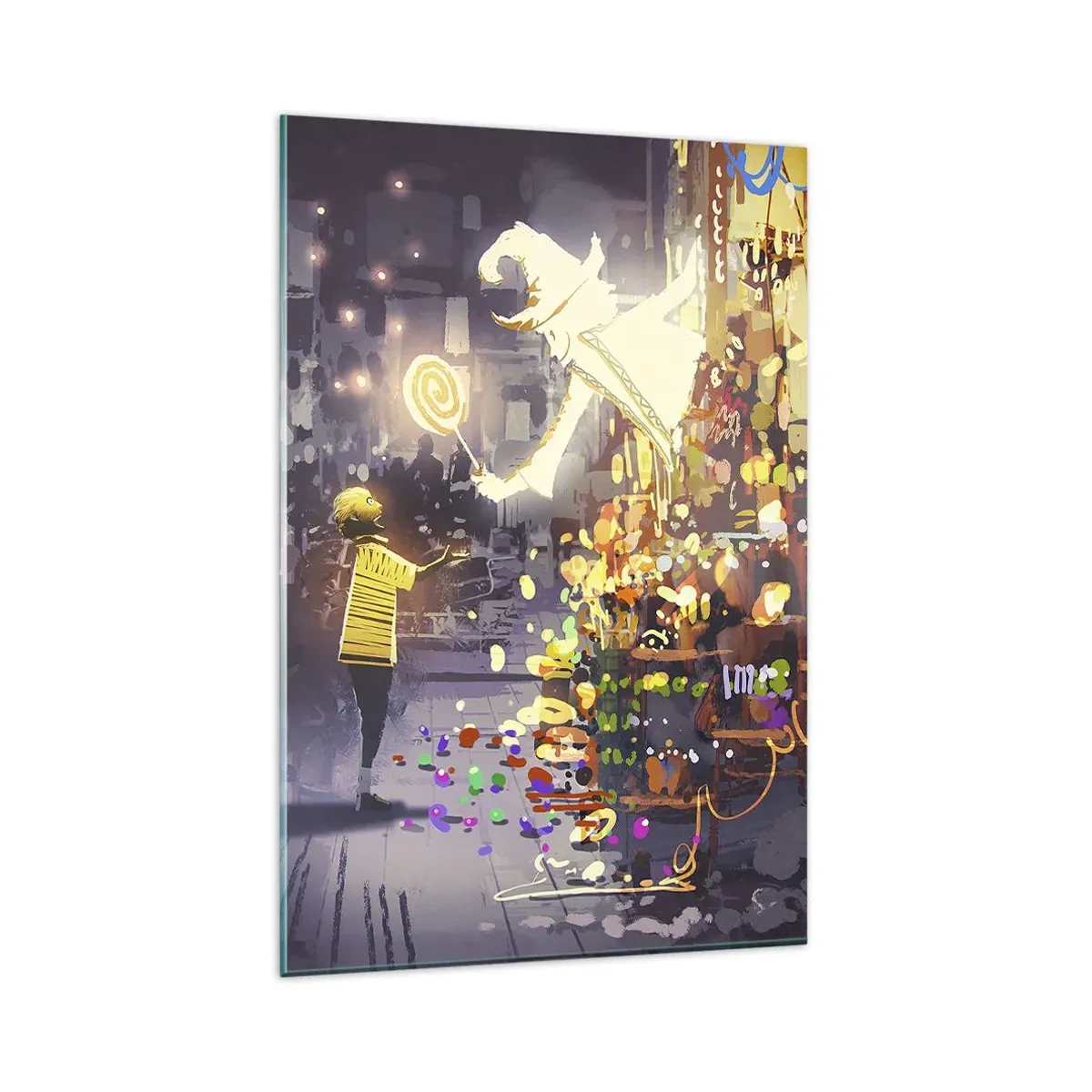 Cuadro sobre vidrio - Impresiones sobre Vidrio - Un personaje de cuento de hadas y un niño en una calle llena de luces y magia. - 80x120cm - Los hechizos existen - Decoración de pared moderna para salón y dormitorio ARTTOR