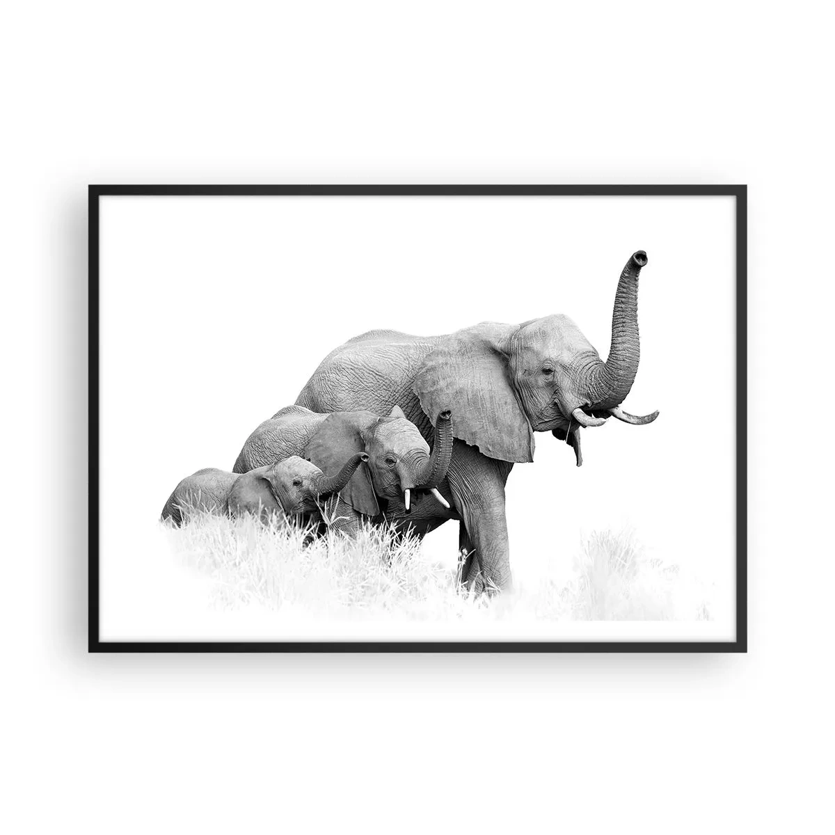 Póster en marco negro - Una familia de elefantes frente a un paisaje africano en blanco y negro. - 100x70cm - Uno, dos, tres - Decoración de pared moderna para salón y dormitorio ARTTOR