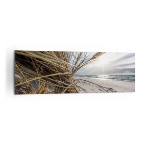 Cuadro sobre lienzo - Impresión de Imagen - Una playa con hierba seca en las dunas y vistas al mar. - 160x50cm - Una reunión de los elementos - Decoración de pared moderna para salón y dormitorio ARTTOR