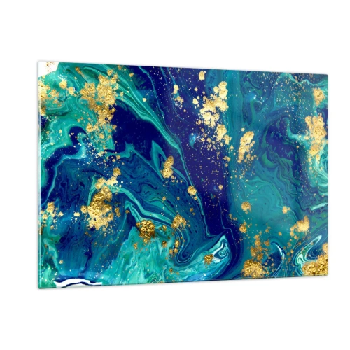 Cuadro sobre vidrio - Impresiones sobre Vidrio - Un patrón abstracto en tonos turquesa y azul marino con acentos dorados. - 120x80cm - Pétalos de sol - Decoración de pared moderna para salón y dormitorio ARTTOR