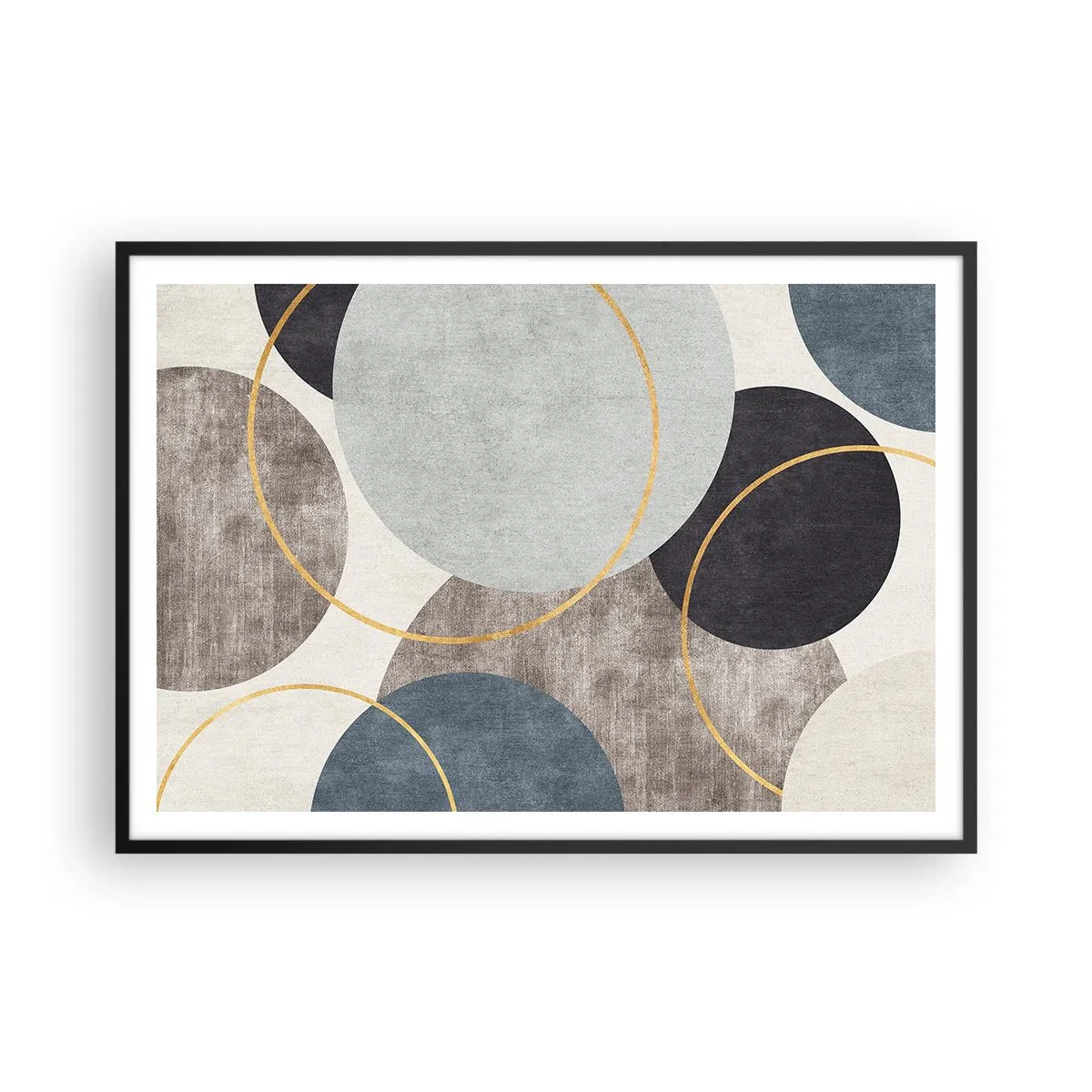 Póster en marco negro - Círculos geométricos en tonos grises, azules y dorados. - 100x70cm - Círculo tras círculo - Decoración de pared moderna para salón y dormitorio ARTTOR