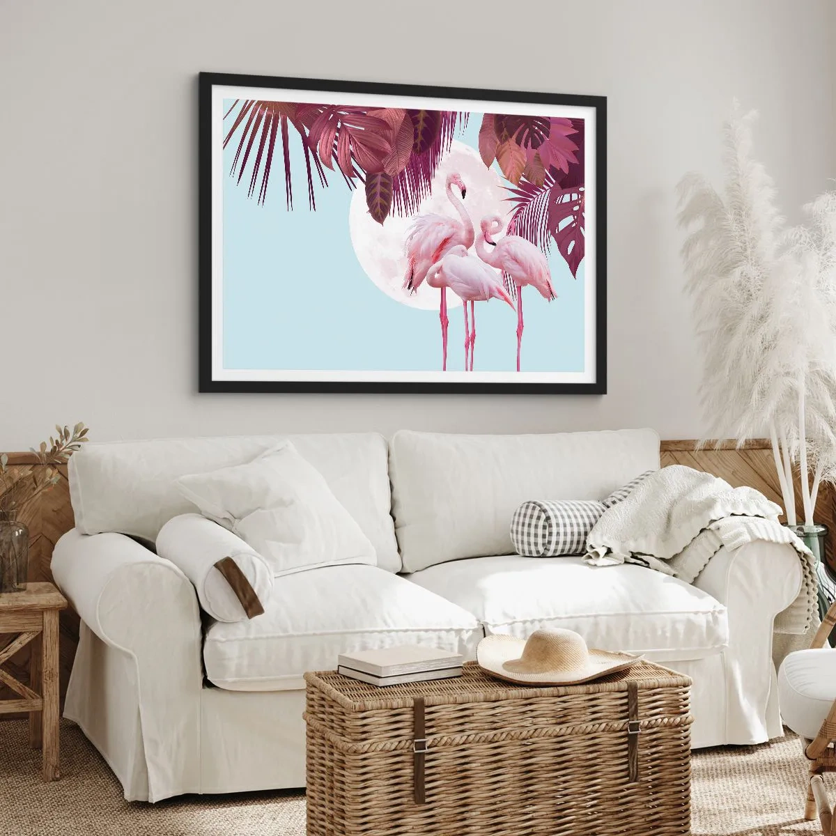 Póster en marco negro - Flamencos rosados con la luna y las hojas tropicales como telón de fondo. - 70x50cm - La grandeza de las aves - Decoración de pared moderna para salón y dormitorio ARTTOR