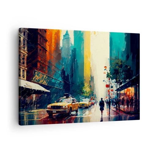 Cuadro sobre lienzo - Impresión de Imagen - Una ciudad bulliciosa con taxis y transeúntes. - 70x50cm - Nueva York - hasta la lluvia es colorida - Decoración de pared moderna para salón y dormitorio ARTTOR