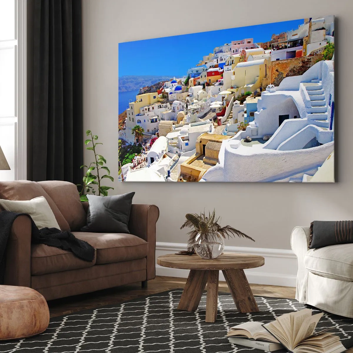 Cuadro sobre lienzo - Impresión de Imagen - Panorama de Santorini con casas blancas y cielo azul - 100x70cm - Sueño de un verano griego - Decoración de pared moderna para salón y dormitorio ARTTOR