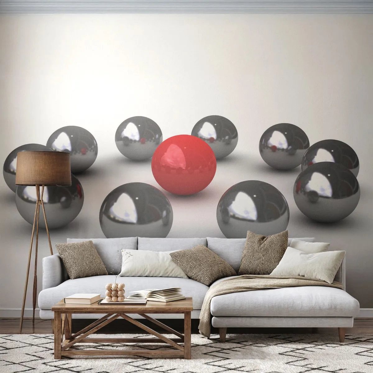 Fotomural Premium Canvas - Círculo en plata y rojo - Abstracción, 3D, Bolas redondas - 250x175 cm