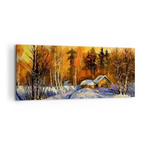 Cuadro sobre lienzo - Impresión de Imagen - Paisaje invernal con una casa a la luz del sol poniente. - 120x50cm - Una impresión invernal al sol - Decoración de pared moderna para salón y dormitorio ARTTOR