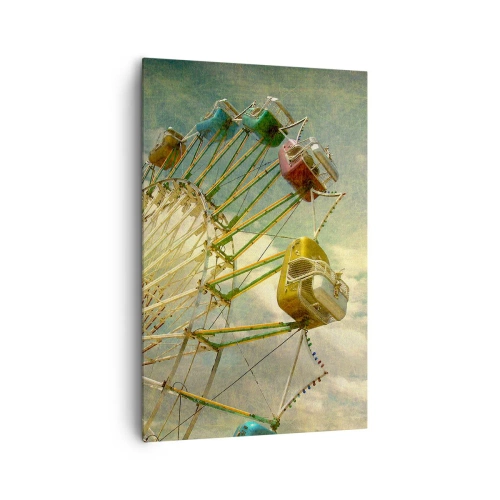 Cuadro sobre lienzo - Impresión de Imagen - Fotografía retro de una noria con palmeras contra el cielo. - 80x120cm - Será, será un día estupendo.... - Decoración de pared moderna para salón y dormitorio ARTTOR