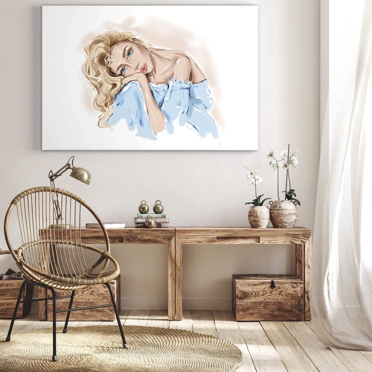 Cuadro sobre lienzo - Impresión de Imagen - Retrato de una mujer con un vestido azul y cabello rubio. - 70x50cm - Soñar en azul - Decoración de pared moderna para salón y dormitorio ARTTOR