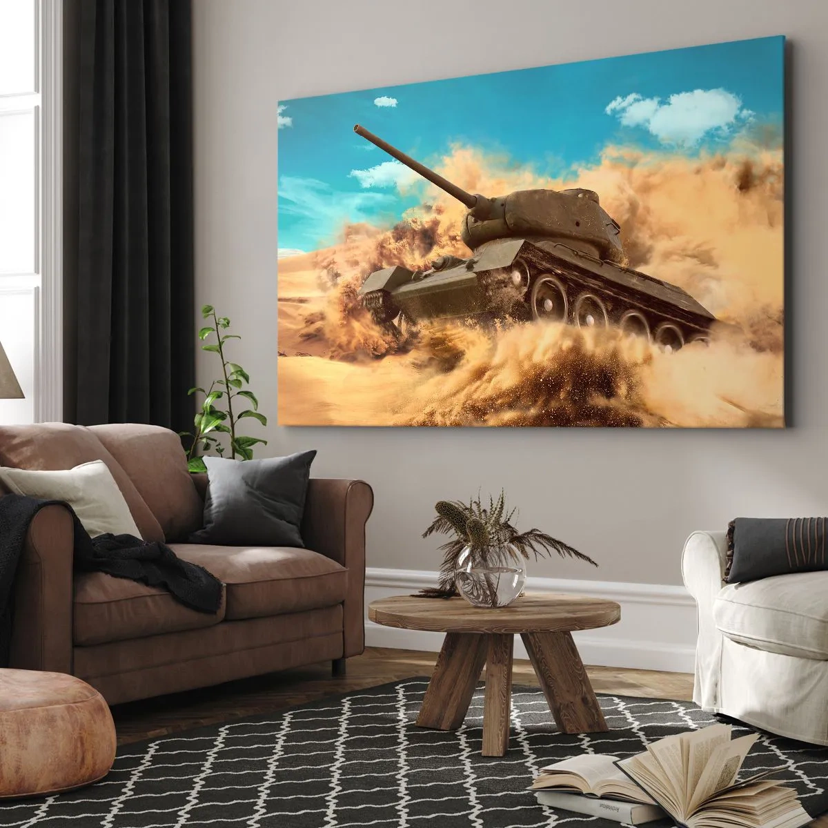 Cuadro sobre lienzo - Impresión de Imagen - Un tanque en acción en el desierto, rodeado de polvo de arena. - 70x50cm - Inmejorable - Decoración de pared moderna para salón y dormitorio ARTTOR