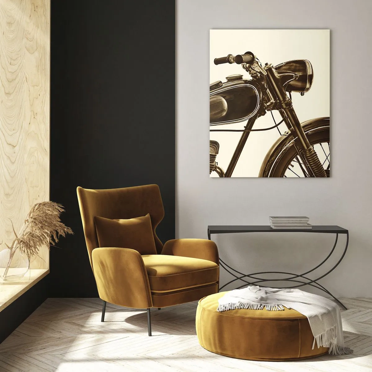 Cuadro sobre vidrio - Impresiones sobre Vidrio - Elegante motocicleta retro en tonos sepia sobre un fondo claro. - 50x70cm - Añoranza de los clásicos - Decoración de pared moderna para salón y dormitorio ARTTOR