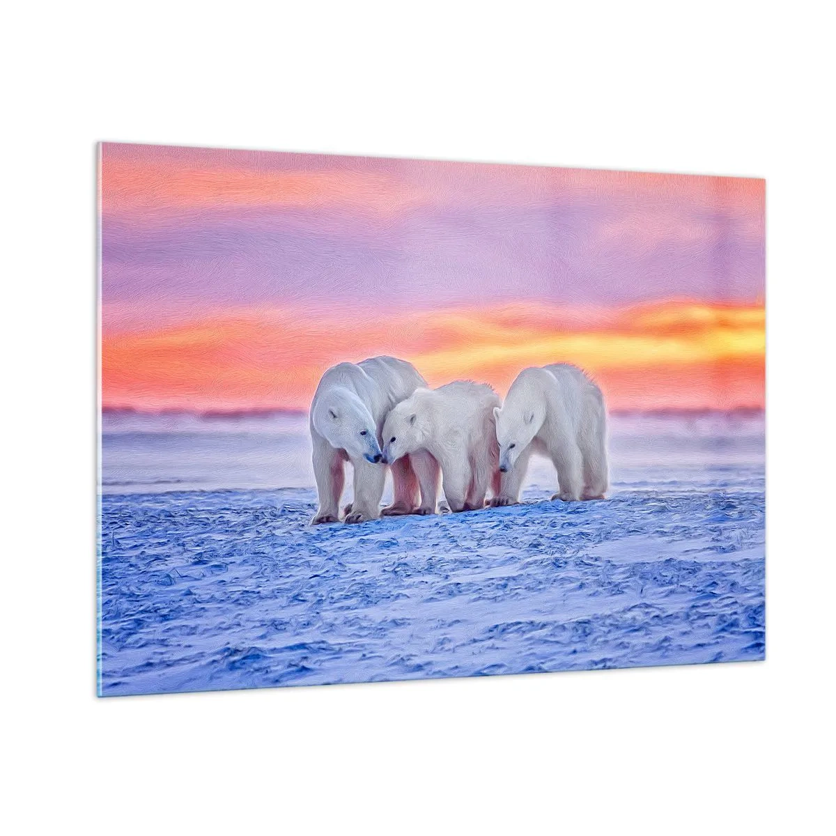 Cuadro sobre vidrio - Impresiones sobre Vidrio - Tres osos polares sobre un fondo nevado al atardecer - 100x70cm - Todo lo que necesitas es el calor de la familia - Decoración de pared moderna para salón y dormitorio ARTTOR