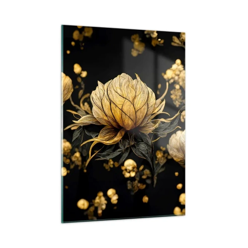 Cuadro sobre vidrio - Impresiones sobre Vidrio - Flores doradas sobre fondo negro en una elegante composición. - 50x70cm - Sutil fragilidad - Decoración de pared moderna para salón y dormitorio ARTTOR