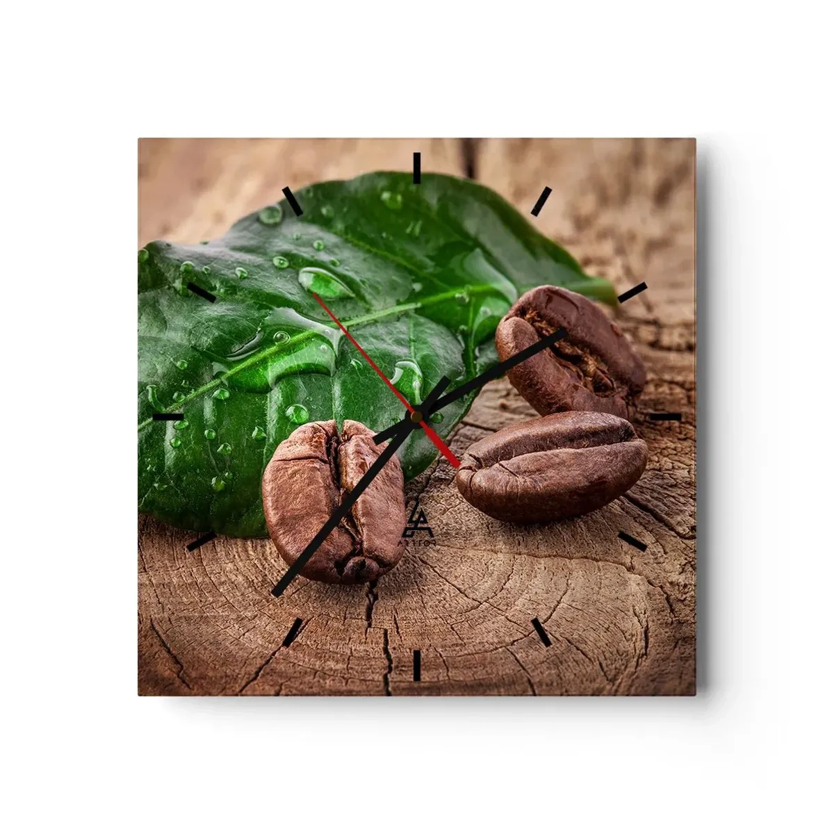 Reloj de pared - Reloj de vidrio - Granos de café y hojas verdes sobre un fondo de madera - 30x30cm - El auténtico y negro - Decoración de pared moderna para salón y dormitorio ARTTOR